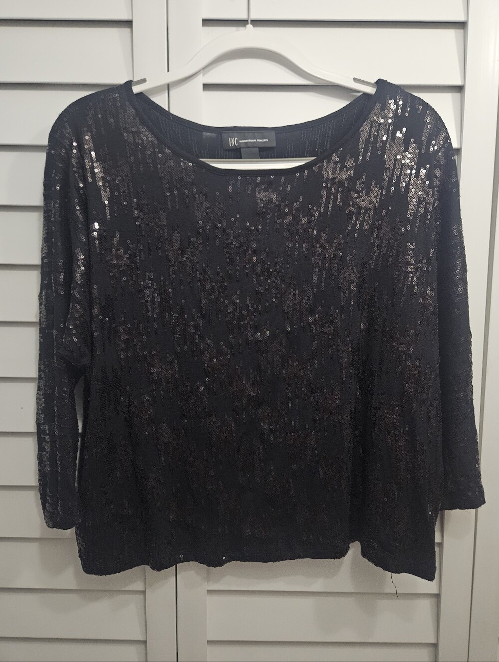 INC International Concepts Black Sequin Boatneck Top. S